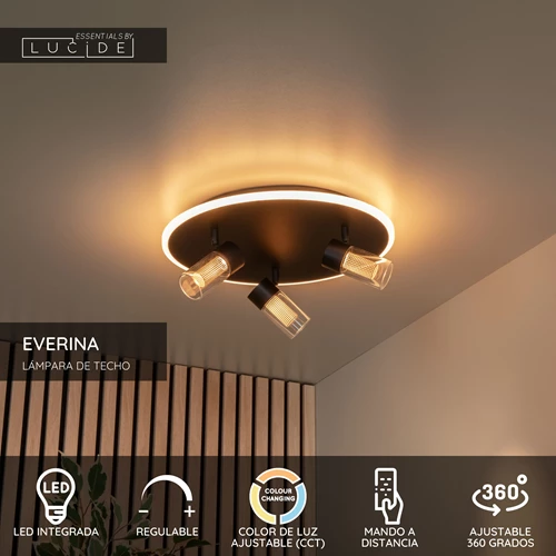 Lucide EVERINA - Lámpara de techo - Ø 40 cm - LED Regul. - CCT - 2200K/6500K - Negro | Essential - USP